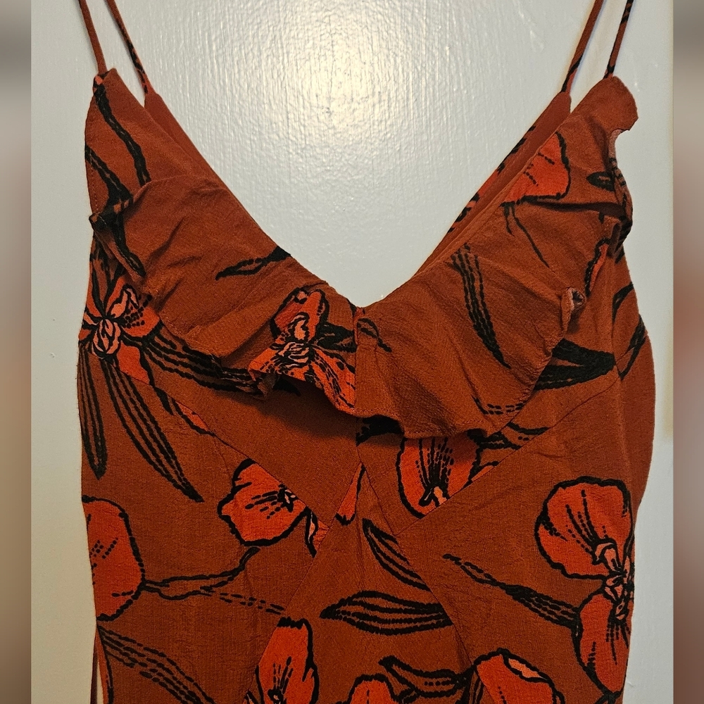 Anthropologie Rust Orange Floral Ruffle Slip Dress